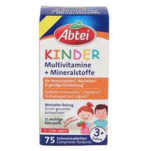 Abtei Kinder Multivitamine + Mineralstoffe Erdbeer-Geschmack Schmelztabletten 75 St Schmelztabletten Produktbild