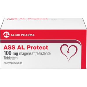 ASS AL Protect 100 mg magensaftresistente Tabletten bei erhöhtem Herzinfarkt- und Schlaganfallrisiko Produktbild