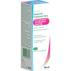 Azelastin/Flutikason Teva, nässpray, susp 125 mikrogram + 50 mikrogram/spraynin, 120 doser produkt bild