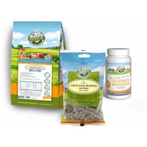 Bellfor Welpenfutter Set für große Rassen - Wiesen-Schmaus Junior 4 kg + Freiland-Happen 200g + Gelenke & Knochen Kapseln 30 Stück mit Ovopet 60g Produktbild