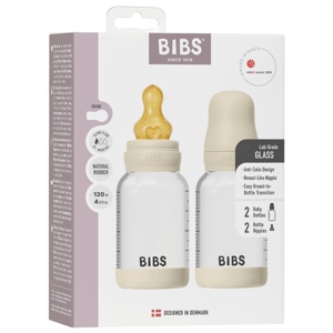 BIBS Glass Baby Bottle Round Latex Slow Flow Ivory 120 ml 2-pack produkt bild
