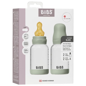 BIBS Glass Baby Bottle Round Latex Slow Flow Sage 120 ml 2-pack produkt bild