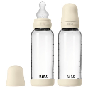 BIBS Glass Baby Bottle Round Silicone Medium Flow Ivory 240 ml 2-pack produkt bild