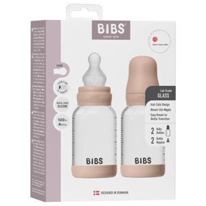 BIBS Glass Baby Bottle Round Silicone Slow Flow Blush 120 ml 2-pack produkt bild