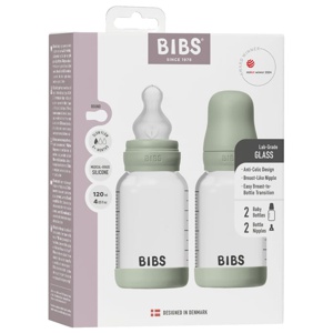 BIBS Glass Baby Bottle Round Silicone Slow Flow Sage 120 ml 2-pack produkt bild