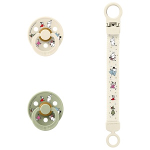 Bibs x Moomins Colour Pacifier & Loop Clip Gift Set Latex Size 2 Ivory/Sage produkt bild
