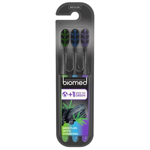 biomed - 3-pak Tandbørster med charcoal - medium produktbillede