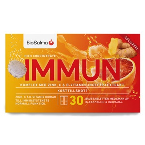 BioSalma Immun C+D-vitamin Zink Blodappelsin & Ingefær 30 brusetabletter produktbillede