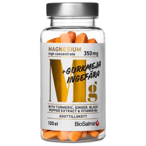 BioSalma Magnesium 350 mg + Gurkemeje Ingefær 100 tabletter produktbillede