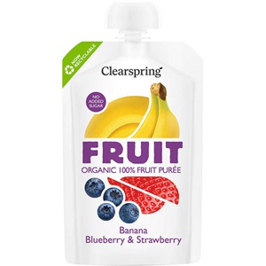 Clearspring Frugtpuré Økologisk 100 g   Banan Blåbær & Jordbær produktbillede