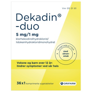 Dekadin-duo 5 mg/1 mg sugetabletter sitron 36 stk produktbilde