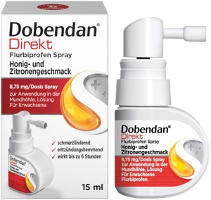 Dobendan Direkt Flurbiprofen Spray 8,75 mg/Dosis Spray zur Anwendung in der Mundhöhle, Lösung, Honig- und Zitronengeschmack, 15 ml Produktbild