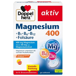 Doppelherz Magnesium 400+B1+B6+B12+Folsäure Brausetabletten, 6X15 St Brausetabletten Produktbild