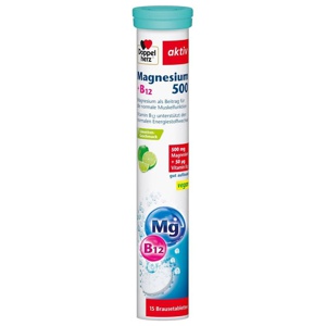 Doppelherz Magnesium 500 + B12 Brausetabletten, 15 St Brausetabletten Produktbild