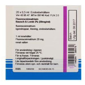 Fluoresceinnatrium Bausch & Lomb 2 % (20 mg/ml) Fluorescein, Ögondroppar, lösning i endosbehållare, 20 x 0,5 milliliter produkt bild