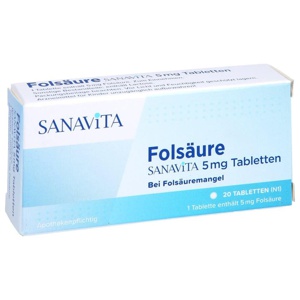Folsäure Sanavita 5 mg Tabletten, 20 St Tabletten Produktbild