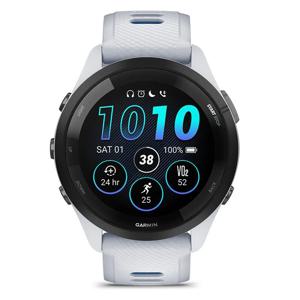 Garmin Forerunner 265 smartwatch. Svart bezel med vit sten och vit sten och blått silikonband produkt bild