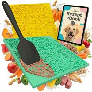 HUND IST KÖNIG Leckmatte Hund mit Saugnäpfen [2 Stk] - 22x22 cm inkl. Spatel + Rezepte-Ebook Produktbild