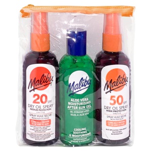 Malibu Travel Essentials, Dry Oil Sprays, Bronzing Tanning Oil and Soothing Aloe V 3 x 100 ml produktbillede
