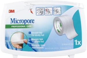 3M Micropore, vit häfta, 9,1 m x 25 mm med flergångshållare, 1 styck
