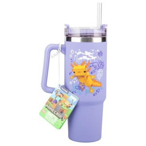 Paladone Minecraft 900 ml Axolotl lila termosmugg och sugrör – officiellt licensierad resemugg med handtag för iste eller kaffe, spelvaror produkt bild
