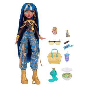 Monster High-dockan Cleo De Nile i avskuren topp och jeanscargobyxor med guldmönster, med ormbästisen Hissette och 7 tillbehör som sallad, smoothie och handväska, JHK32 produkt bild