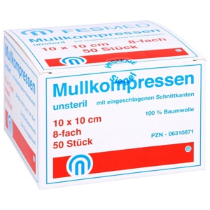 Mullkompressen ES 10x10 cm unsteril 8-fach, 50 St Kompressen Produktbild