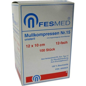 Mullkompressen ES 10x12 cm unsteril 12-fach Größe 15, 100 St Kompressen Produktbild