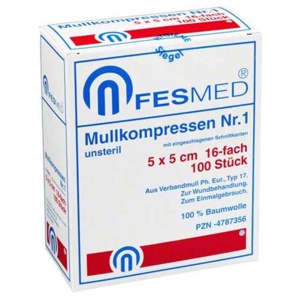 Mullkompressen ES 5x5 cm unsteril 16-fach Größe 1, 100 St Kompressen Produktbild