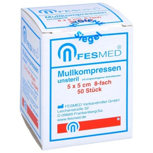 Mullkompressen ES 5x5 cm unsteril 8-fach, 50 St Kompressen Produktbild