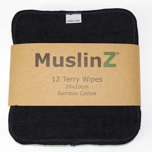 MuslinZ Bamboo Cotton Terry Wipes black 12-pack produkt bild