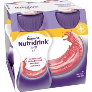Nutridrink Jucy, jordgubb, energirikt kosttillägg, klar, fettfri, 4 x 200 milliliter produkt bild