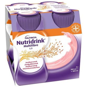 Nutridrink Multi Fibre, jordgubb, energirikt, komplett kosttillägg med kostfiber, 4 x 200 milliliter produkt bild