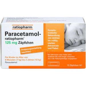 Paracetamol ratiopharm 125 mg Sgl.-Suppositorien, 10 St Säuglings-Suppositorien Produktbild