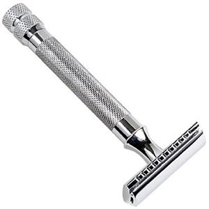 Parker 91R rakhyvel med dubbel kant – tredelad tungviktsrakhyvel med mässingsram och krompläterat räfflat handtag – 5 premium parker platina rakblad med dubbla kanter ingår produkt bild
