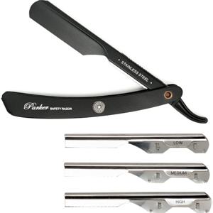 Parker Shaving PTABK Adjustable Push w. 3 blade option Metal Black Barber/Straight Razor produkt bild