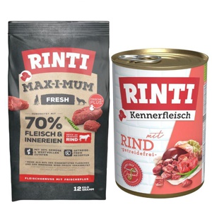 Rinti Kombi-Paket: 12 kg Max-i-mum + 12 x 400 g Kennerfleisch Produktbild