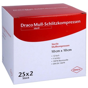 SCHLITZKOMPRESSEN Mull 10x10 cm steril 12fach Produktbild