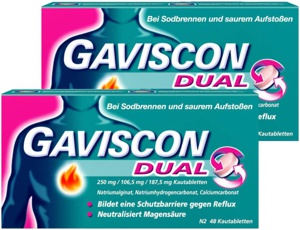 Sparset Gaviscon Dual 250 mg - 106,5 mg - 187,5 mg 2 x 48 Kautabletten - Bei Sodbrennen Produktbild