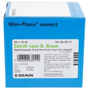 Sterilt vann B. Braun. Oppløsningsvæske til parenteral bruk. 20 x 10 ml Plastampulle PE produktbilde