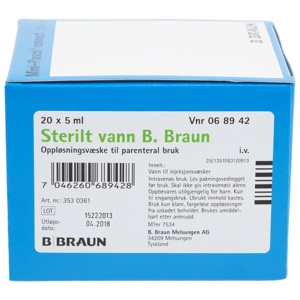 Sterilt vann B. Braun. Oppløsningsvæske til parenteral bruk. 20 x 5 ml Plastampulle PE produktbilde