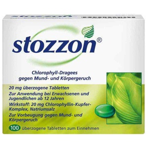 Stozzon Chlorophyll-Dragees gegen Mund- und Körpergeruch 100 St Überzogene Tabletten Produktbild