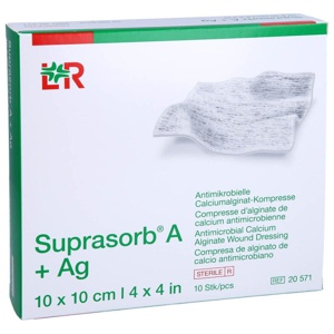 Suprasorb A + Ag Antimik.Cal.Alginat Kompresse 10x10 cm, 10 St Kompressen Produktbild