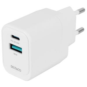 USB-väggladdare med 1x USB-A 18W och 1x USB-C PD 20W Vit produkt bild