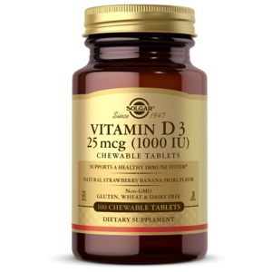 Vitamin D3 1000 IU 100 Kautabletten mit natürlichem Erdbeer- und Bananen-Swirl-Geschmack. Solgar Produktbild