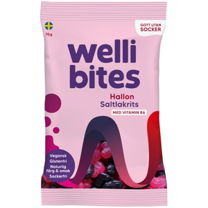 Wellibites Bringebær & Saltlakris 70 g produktbilde